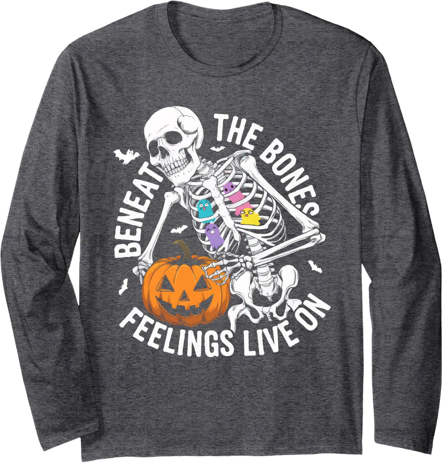 Mental Health Awareness Skeleton Ghosts Halloween Cool Art Long Sleeve T-Shirt - Adult Unisex Dark Heather Grey