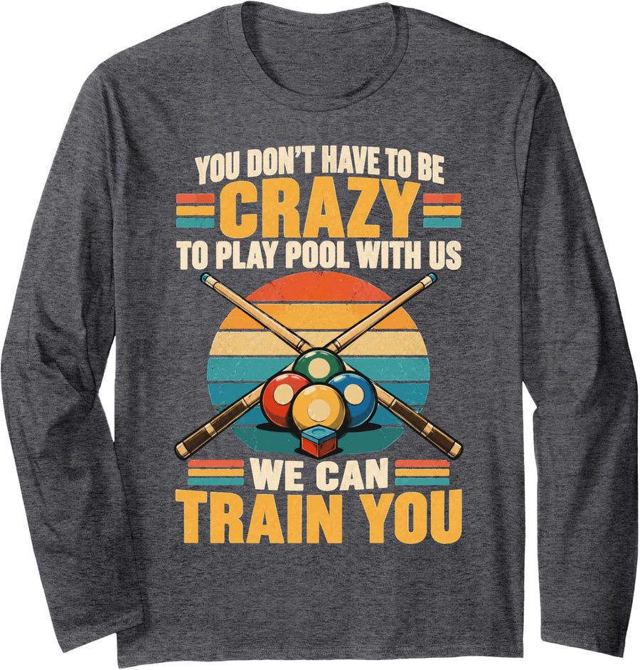 Vintage Billiards Humor Pool Player Long Sleeve T-Shirt - Adult Unisex Dark Heather Grey