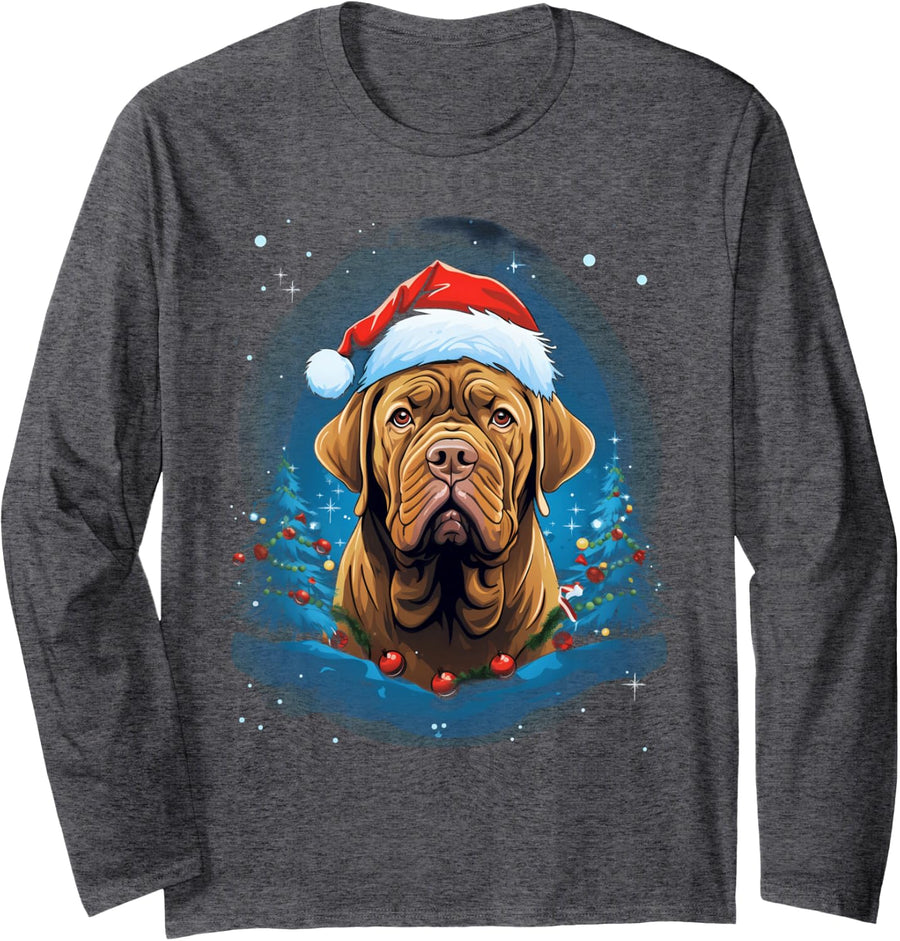 Xmas French Mastiff Dog Christmas Long Sleeve T-Shirt - Adult Unisex Dark Heather Grey