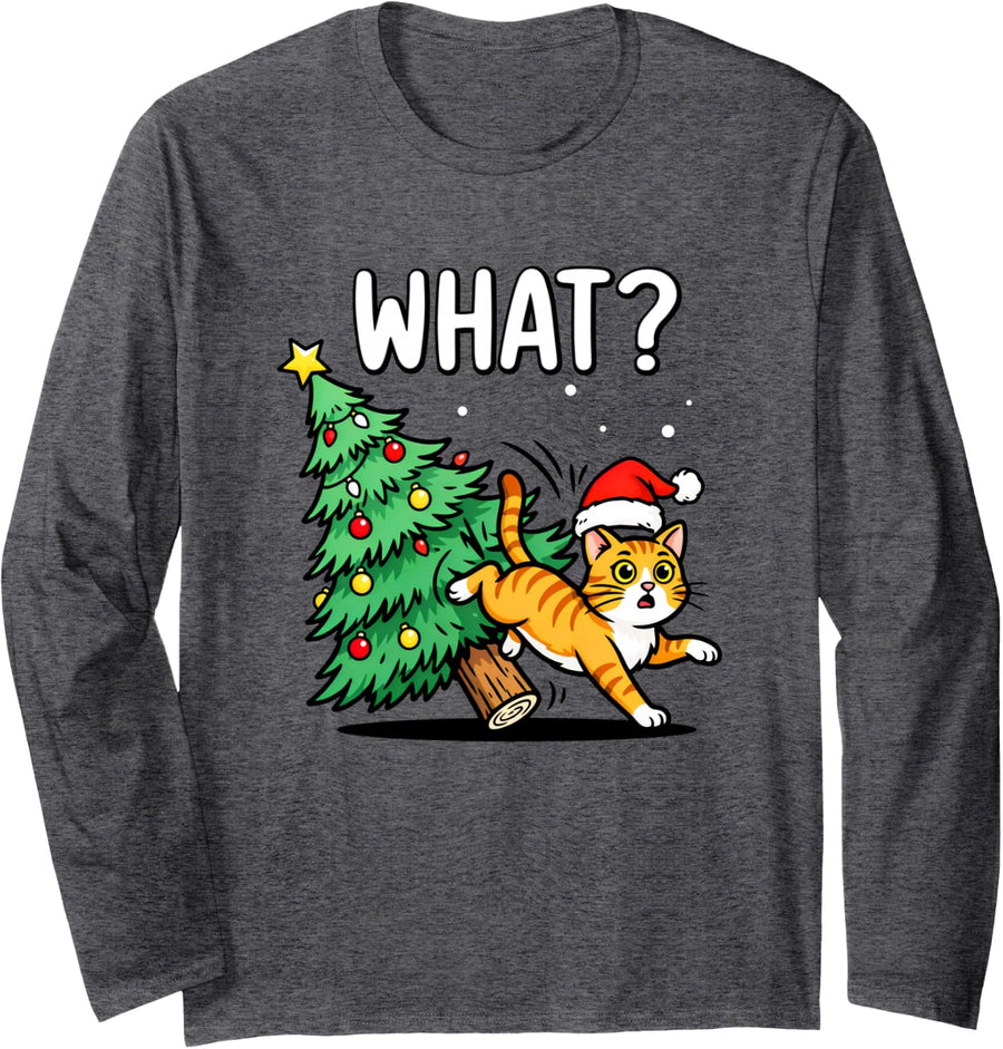 What? Orange Cat Behavior Funny Ginger Cat Dad Christmas Long Sleeve T-Shirt - Adult Unisex Dark Heather Grey