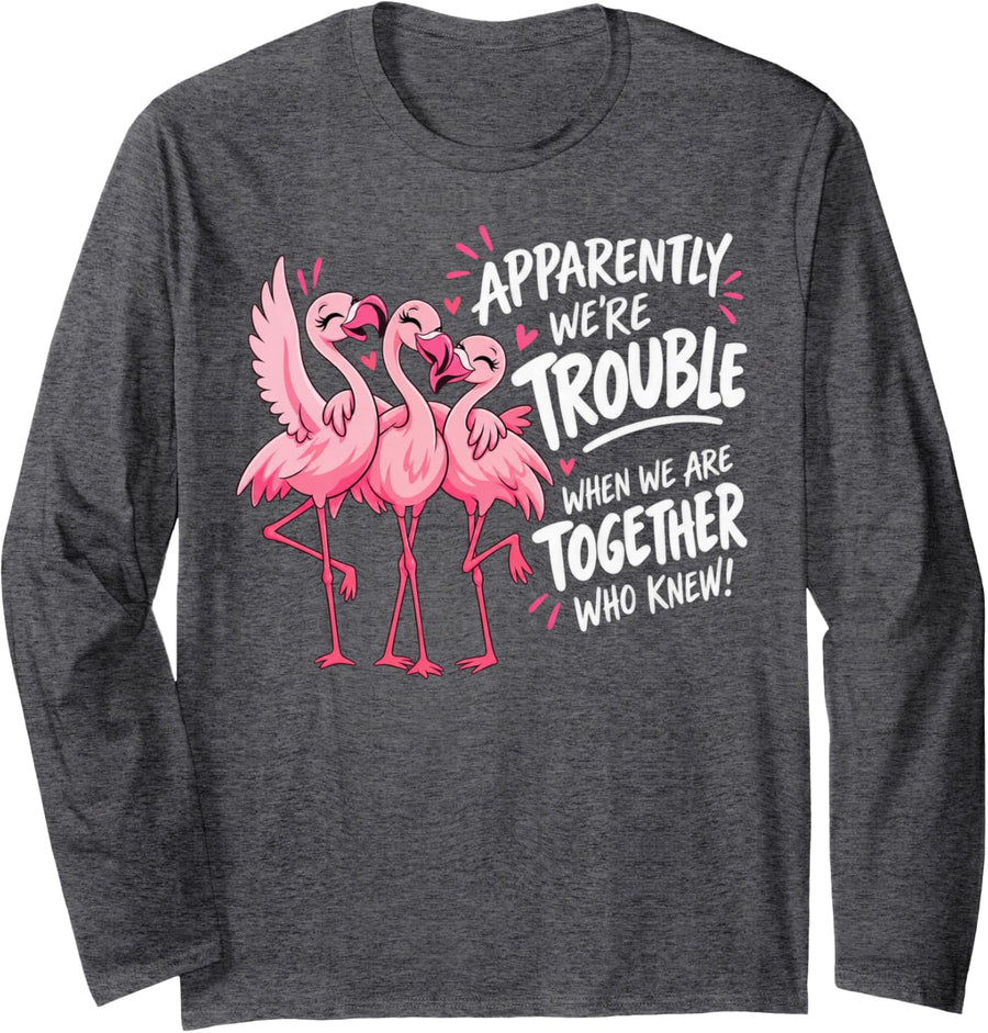 Three Flamingos Best Friends Dancing Together Long Sleeve T-Shirt - Adult Unisex Dark Heather Grey