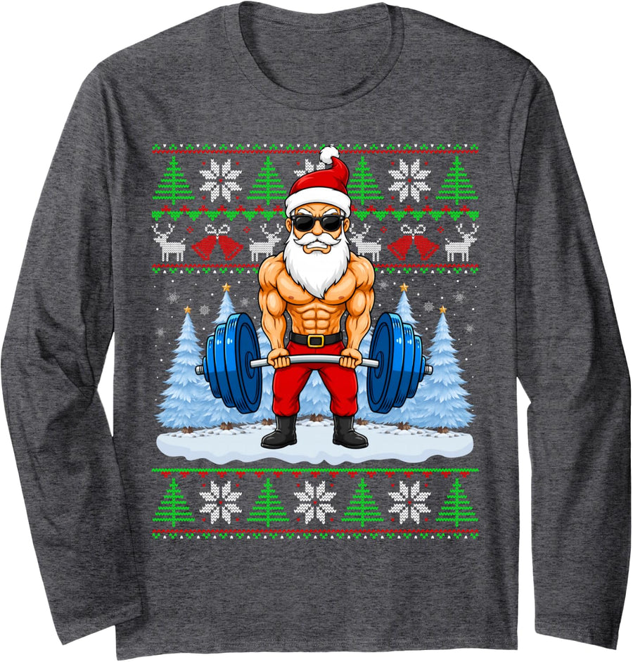 Muscular Santa Weightlifting Christmas Long Sleeve T-Shirt - Adult Unisex Dark Heather Grey