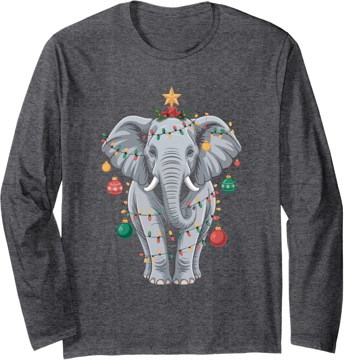 Elephant Christmas Tree Cute Holiday Lights Long Sleeve T-Shirt - Adult Unisex Dark Heather Grey