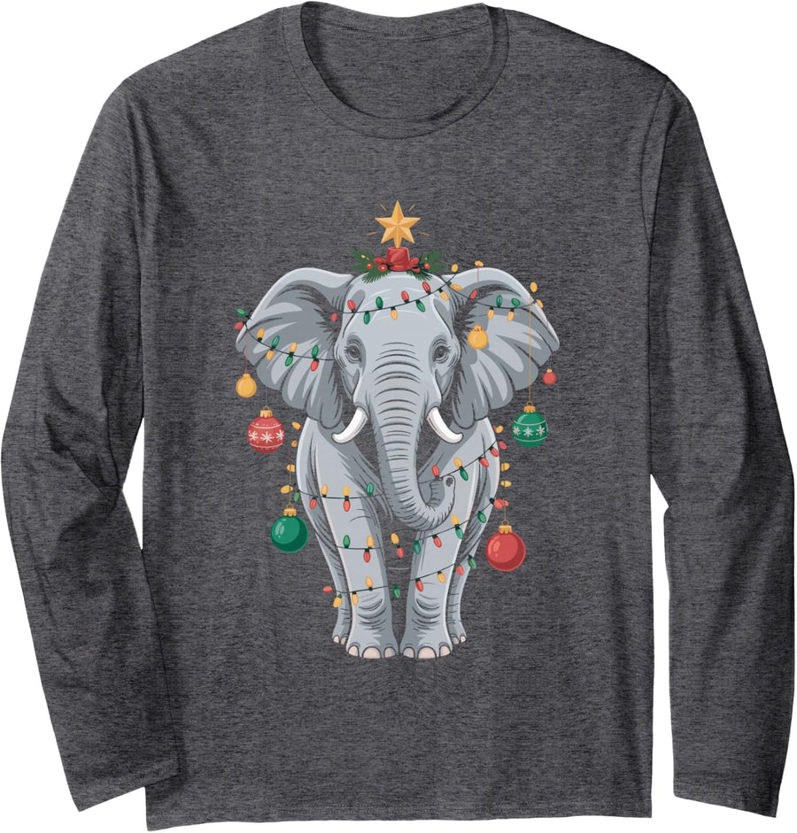 Elephant Christmas Tree Cute Holiday Lights Long Sleeve T-Shirt - Adult Unisex Dark Heather Grey