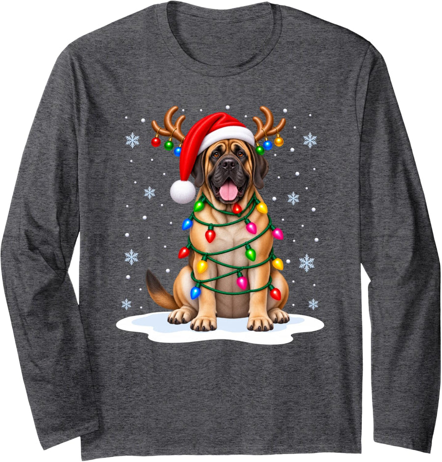 Mastiff Dog Christmas Tree Lights Xmas Pet Dog Lover Long Sleeve T-Shirt - Adult Unisex Dark Heather Grey