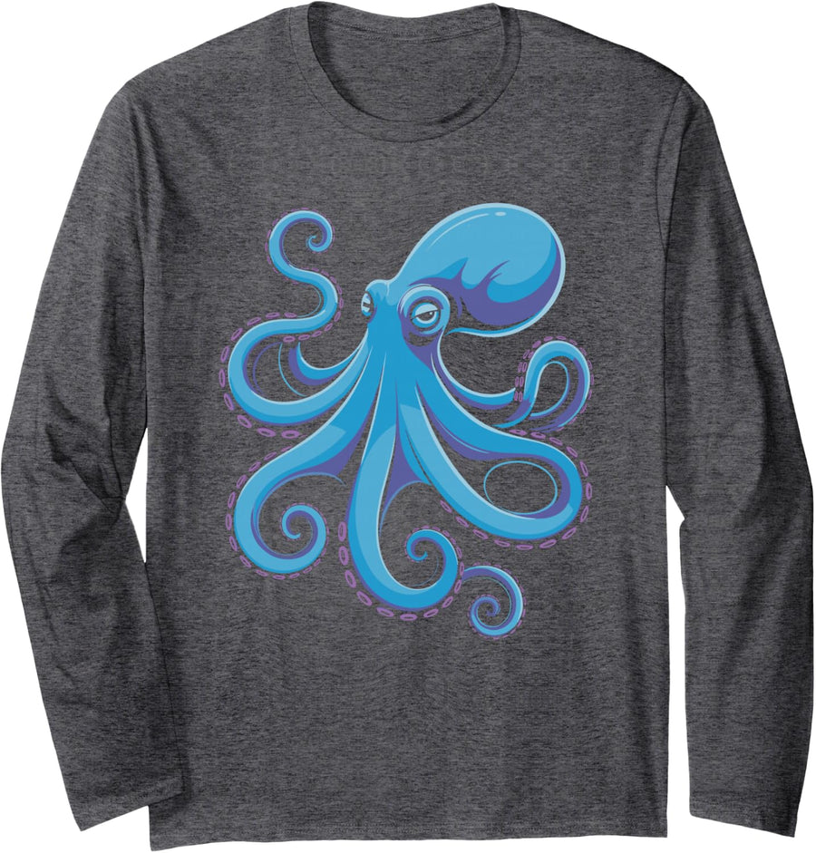 Vivid Blue Octopus Nautical Artwork Long Sleeve T-Shirt - Adult Unisex Dark Heather Grey