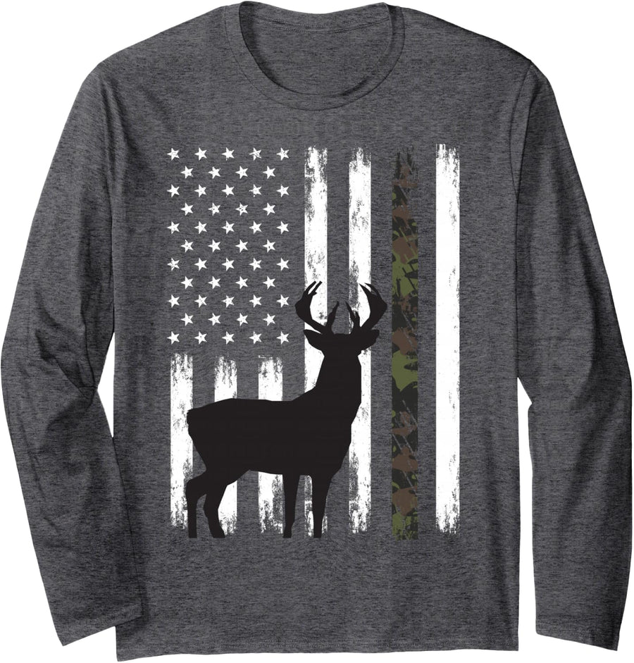 Whitetail Deer Hunting Hunter Buck Camo American Flag USA Long Sleeve T-Shirt - Adult Unisex Dark Heather Grey
