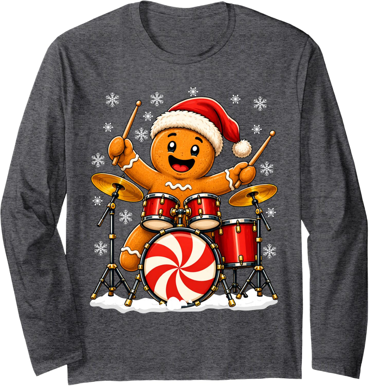 Festive Drummer Gingerbread Playing Drum Christmas Long Sleeve T-Shirt - Adult Unisex Dark Heather Grey