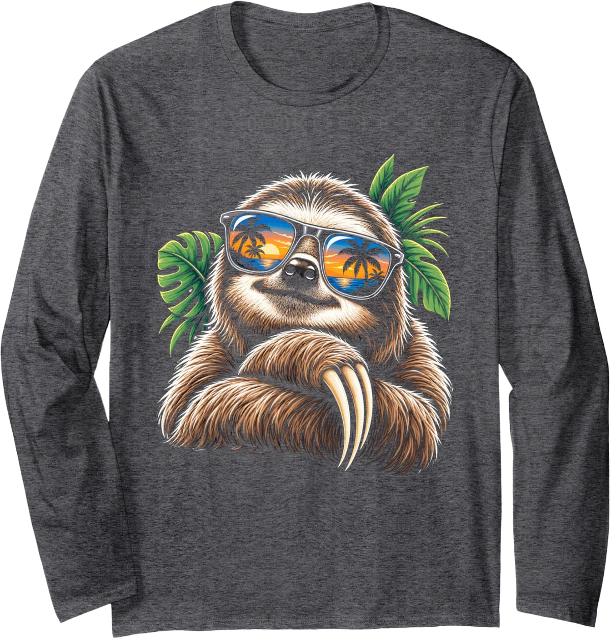 Relaxed Sloth with Retro Sunglasses Long Sleeve T-Shirt - Adult Unisex Dark Heather Grey