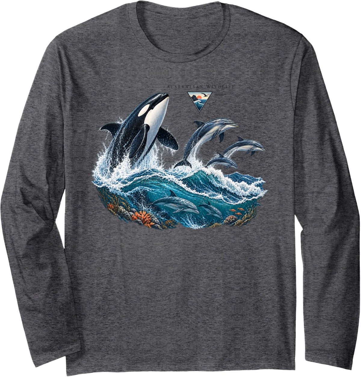 Australian Wildlife Orca Dolphin Long Sleeve T-Shirt - Adult Unisex Dark Heather Grey