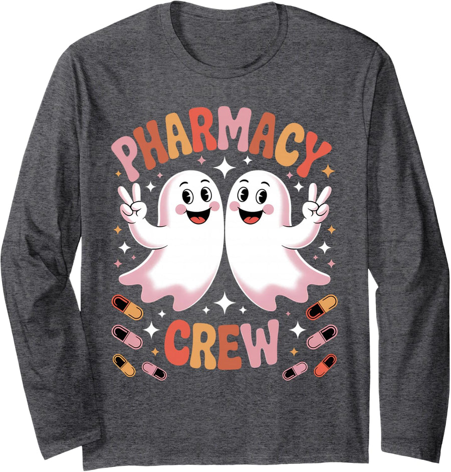 Pharmacist Halloween Pharmacy Shirts Spooky Pharmacy Crew Long Sleeve T-Shirt - Adult Unisex Dark Heather Grey