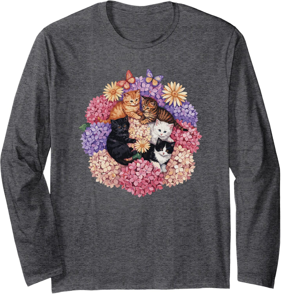 Cute Cat Family of Kittens in Flowers for Moms and Girls Long Sleeve T-Shirt - Adult Unisex Dark Heather Grey