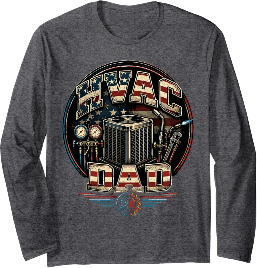 USA HVAC Dad Men HVAC Technician American Flag HVAC Tech Long Sleeve T-Shirt - Adult Unisex Dark Heather Grey