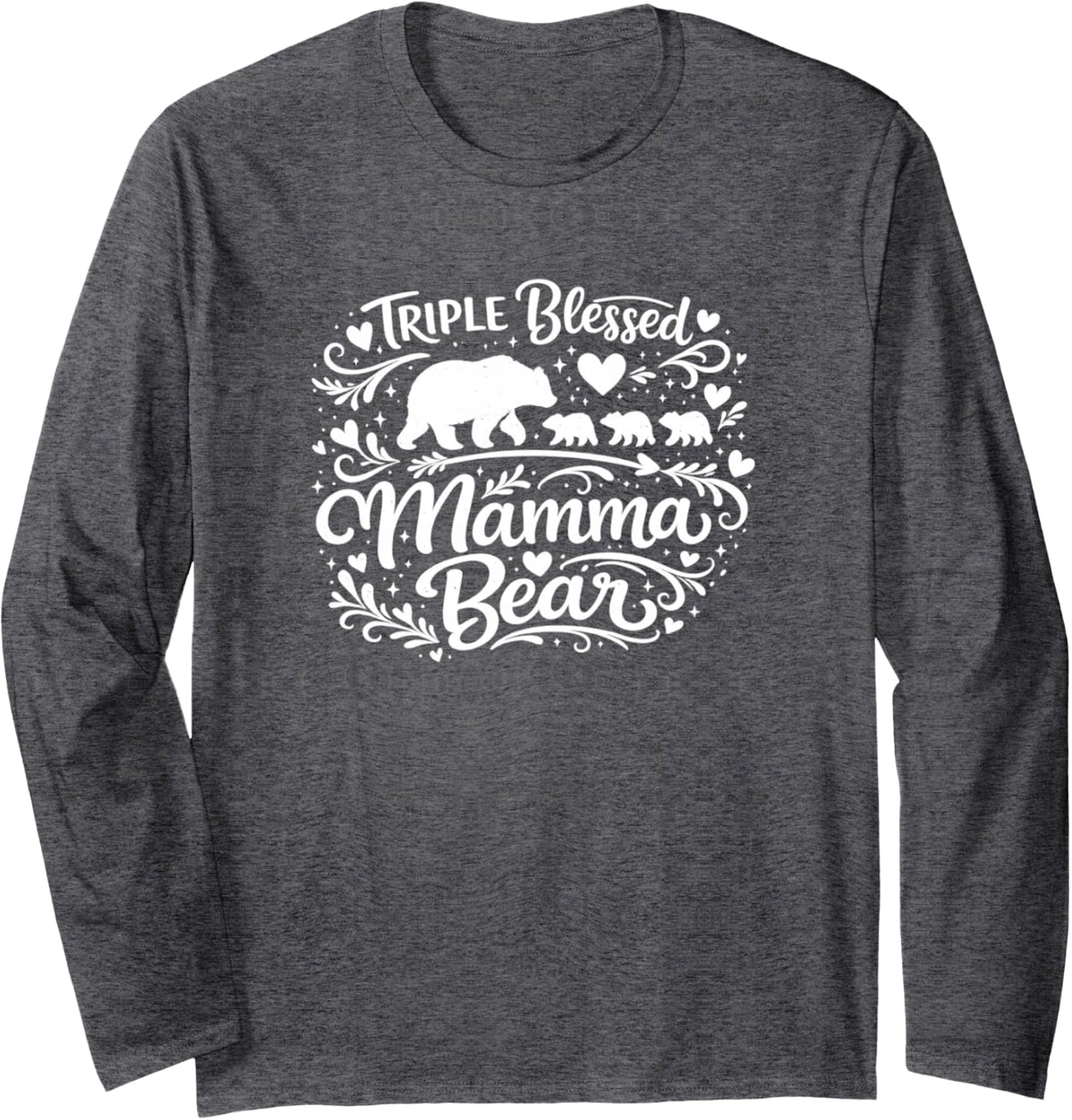 Triple Blessed Mamma Bear Proud Mom of Three Long Sleeve T-Shirt - Adult Unisex Dark Heather Grey