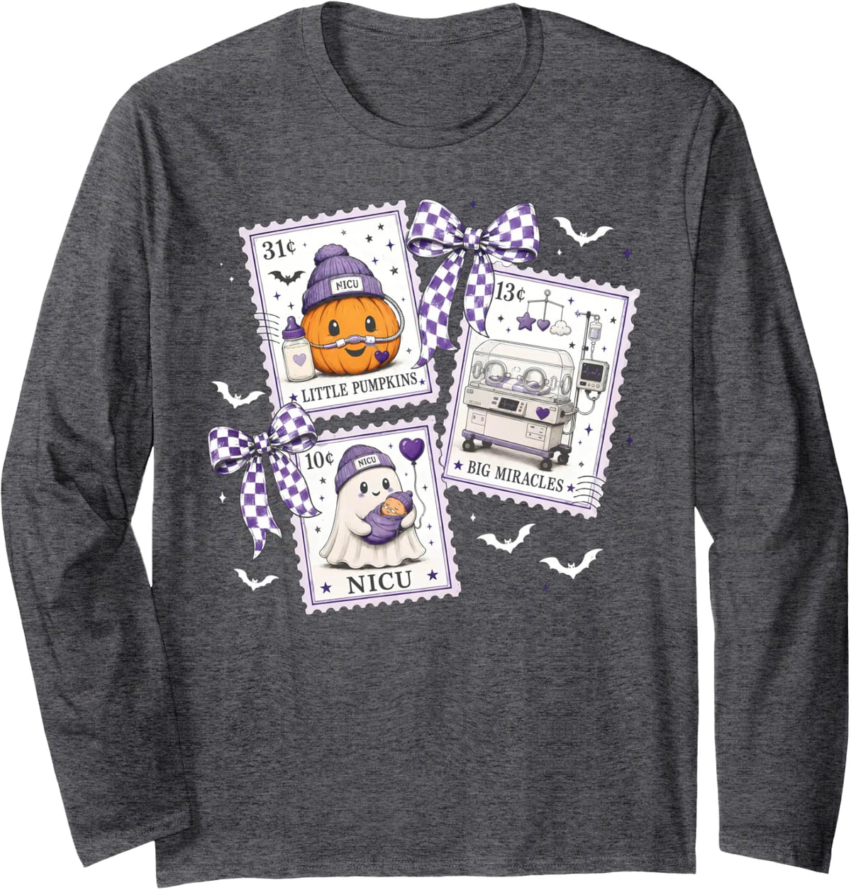 Stamp Cute Ghost Pumpkin NICU Nurse Neonatal ICU Halloween Long Sleeve T-Shirt - Adult Unisex Dark Heather Grey