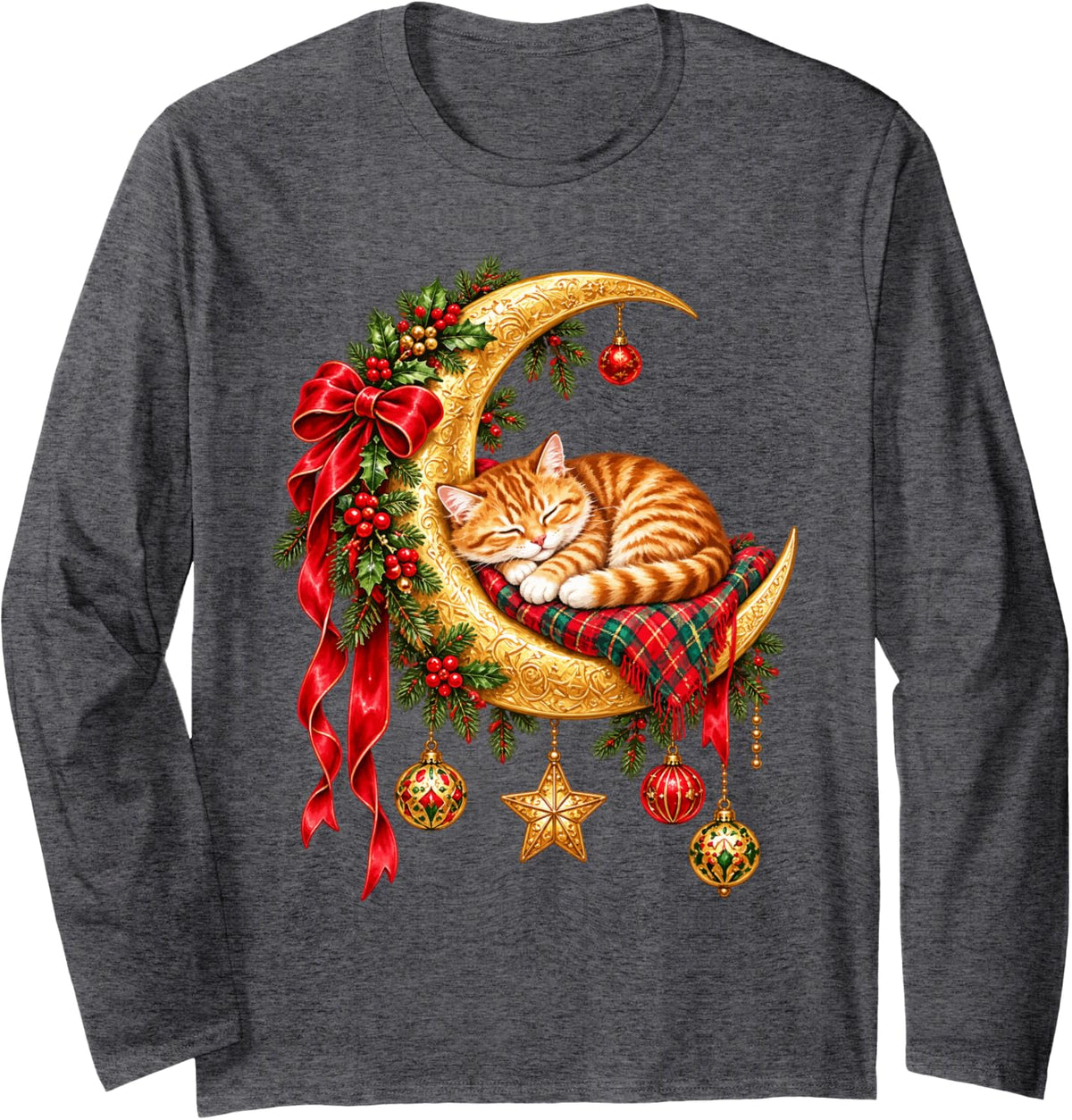 Cute Ginger Tabby Cat Sleeping on Christmas Crescent Moon Long Sleeve T-Shirt - Adult Unisex Dark Heather Grey
