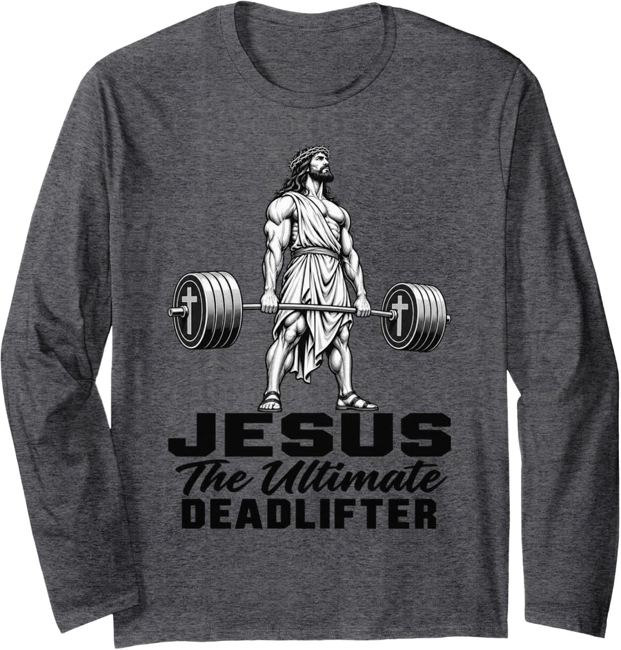 Muscular Bearded Jesus Weightlifting Faith Gym Long Sleeve T-Shirt - Adult Unisex Dark Heather Grey
