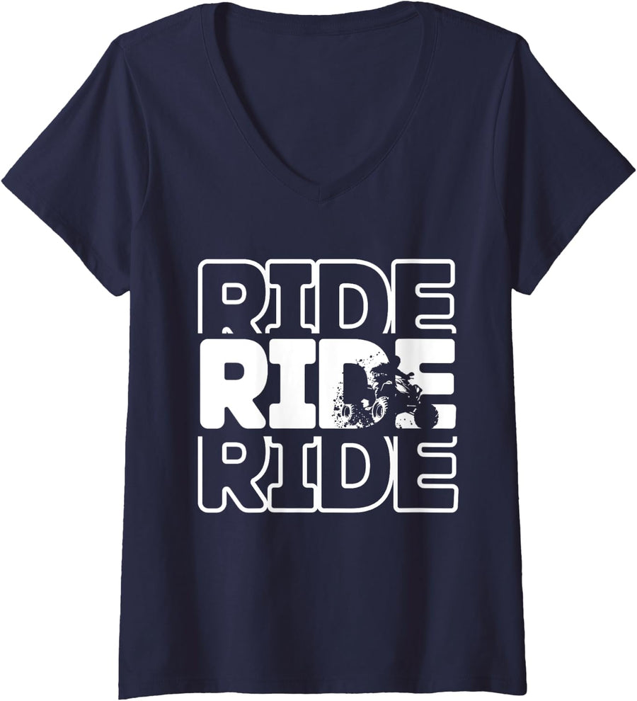 Ride ATV Quad Off Roading Apparel - Ride Off Road ATV V-Neck T-Shirt - Navy Blue