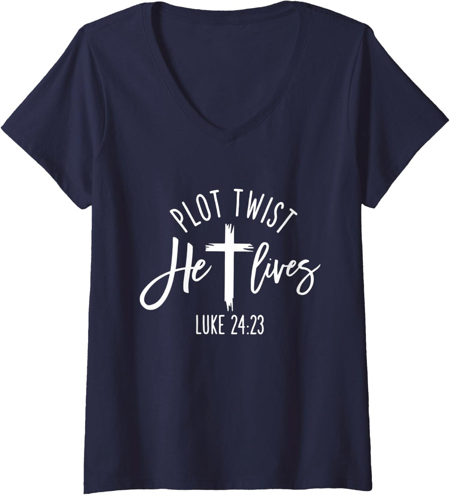 Womens Plot Twist He Lives Cross Shirt Funny Christian Easter Day V-Neck T-Shirt - Navy Blue
