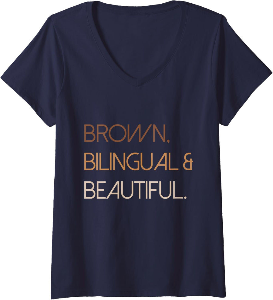 Brown Bilingual Beautiful Spanish Mixed Latina Mexican women V-Neck T-Shirt - Navy Blue