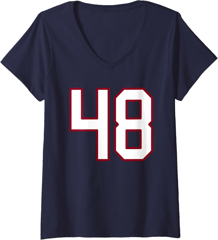Women's Maroon and White Number 48 Jersey Player Uniform #48 V-Neck T-Shirt - Navy Blue
