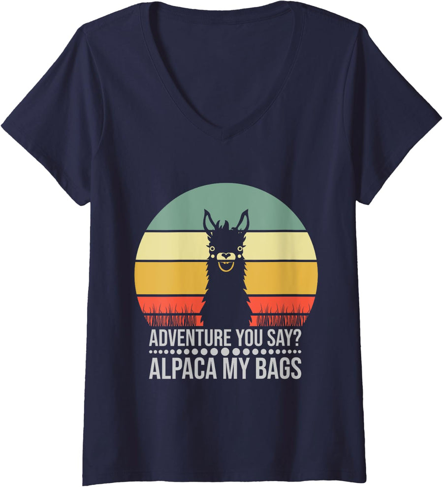 Adventure You Say? Alpaca My Bags Vintage Funny Travel Gifts V-Neck T-Shirt - Navy Blue