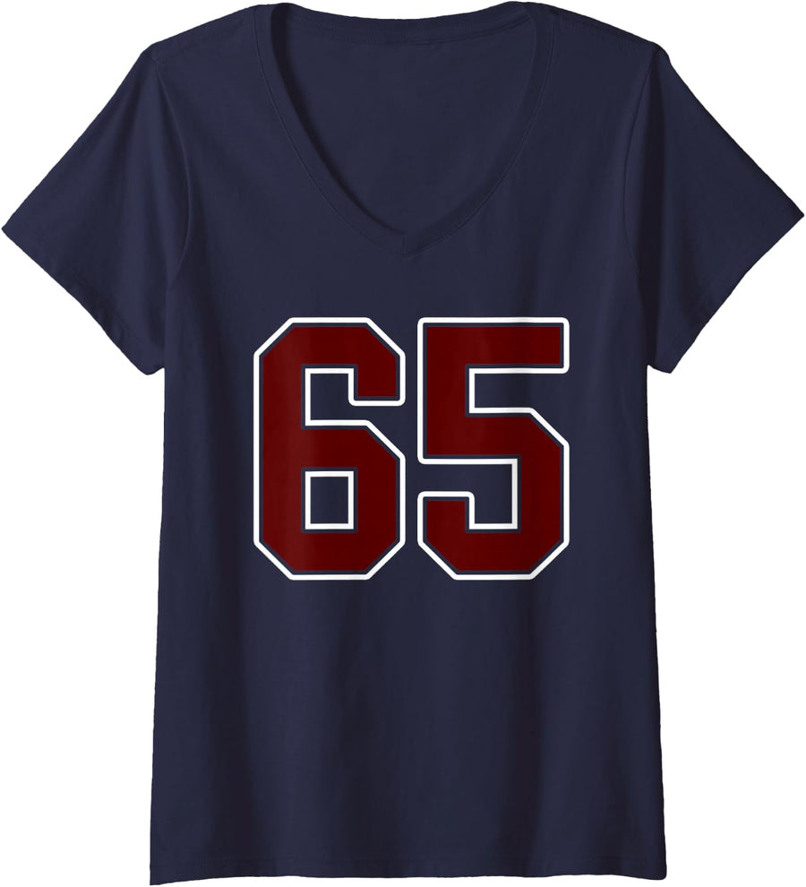 Women's Maroon and White Number 65 Jersey Player Uniform #65 Fan V-Neck T-Shirt - Navy Blue
