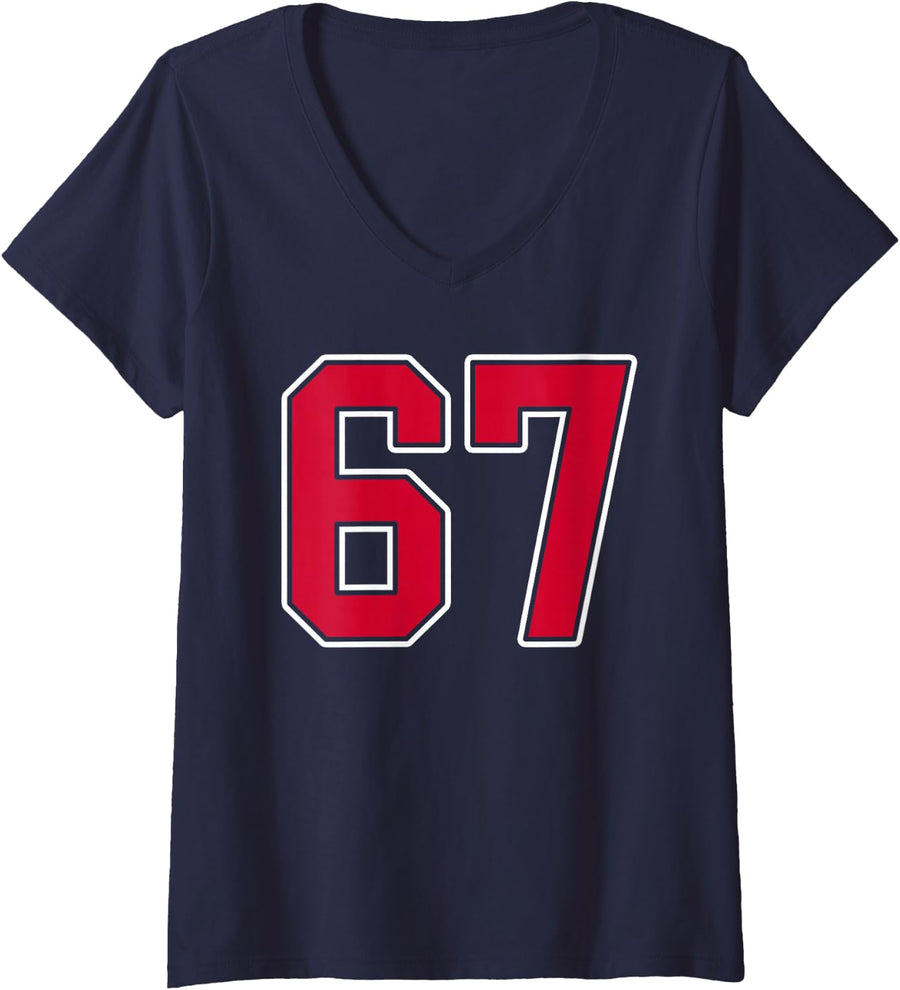 Women's Red White Number 67 Jersey Player Uniform #67 V-Neck T-Shirt - Navy Blue