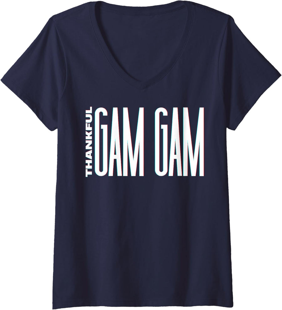 Women's Thankful gam gam Nana Thanksgiving Grandma Grandmother Mimi V-Neck T-Shirt - Navy Blue
