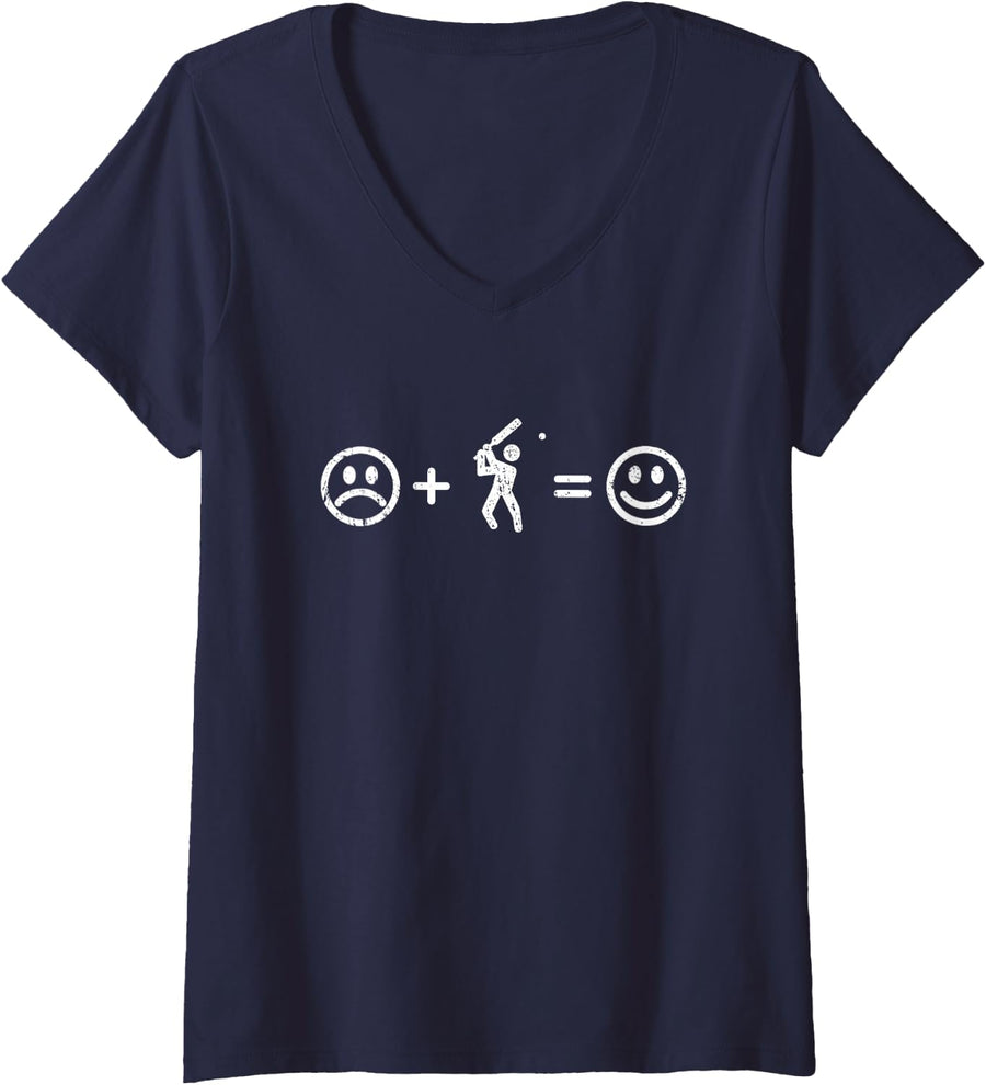 Women's Cricket Makes Happy Funny Cricket Player Coach Cricketer V-Neck T-Shirt - Navy Blue
