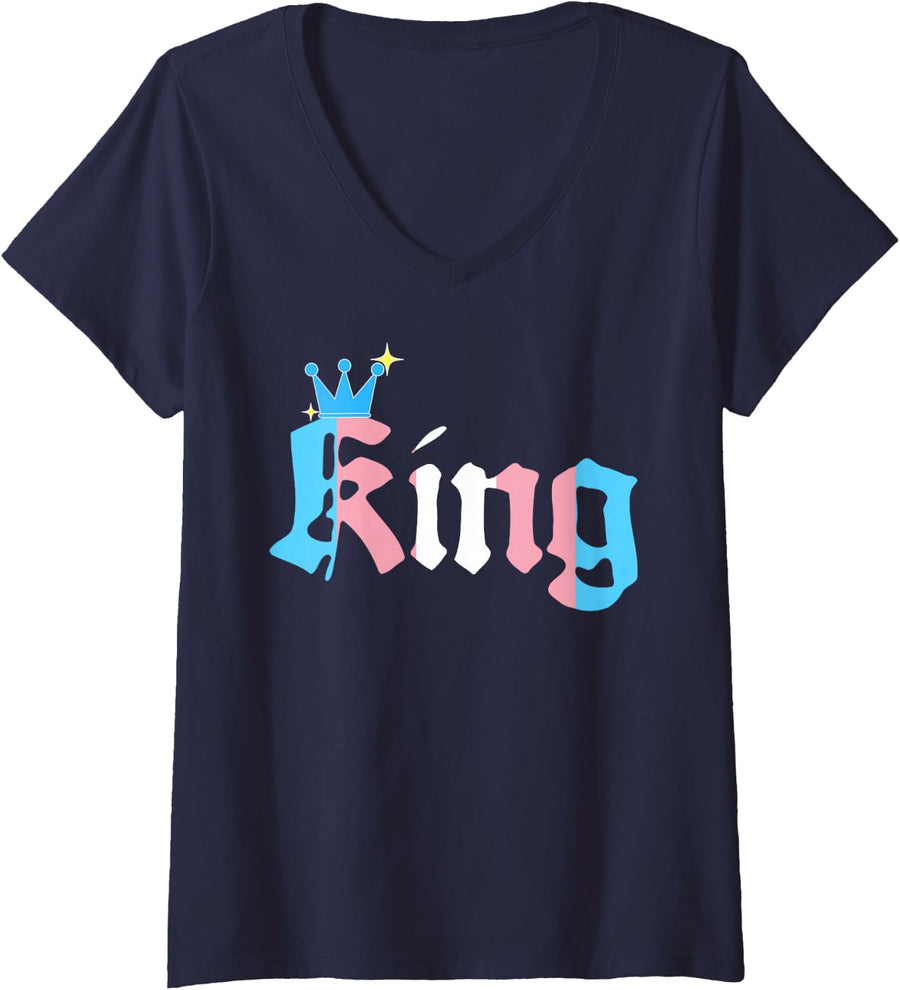 Women's King Trans Flag Designs LGBTQ Trans Men Trans Women LGBT V-Neck T-Shirt - Navy Blue