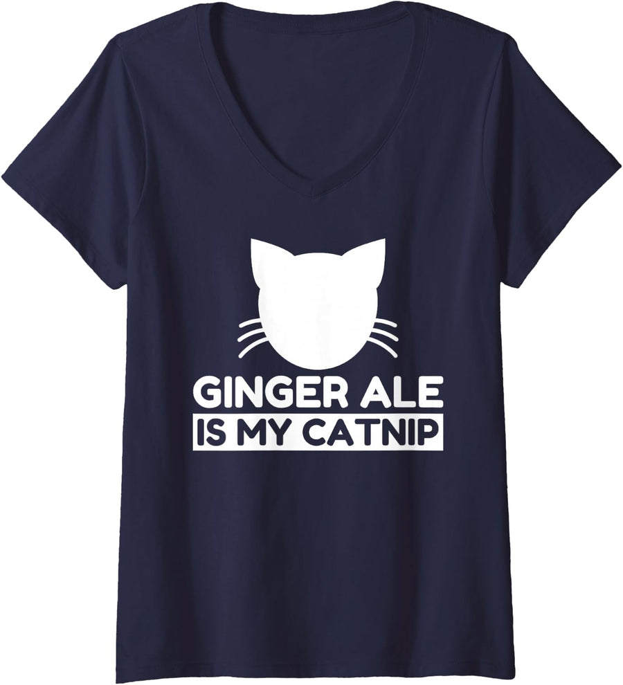 Women's Ginger ale Lover Funny Cute Cat Gifts V-Neck T-Shirt - Navy Blue