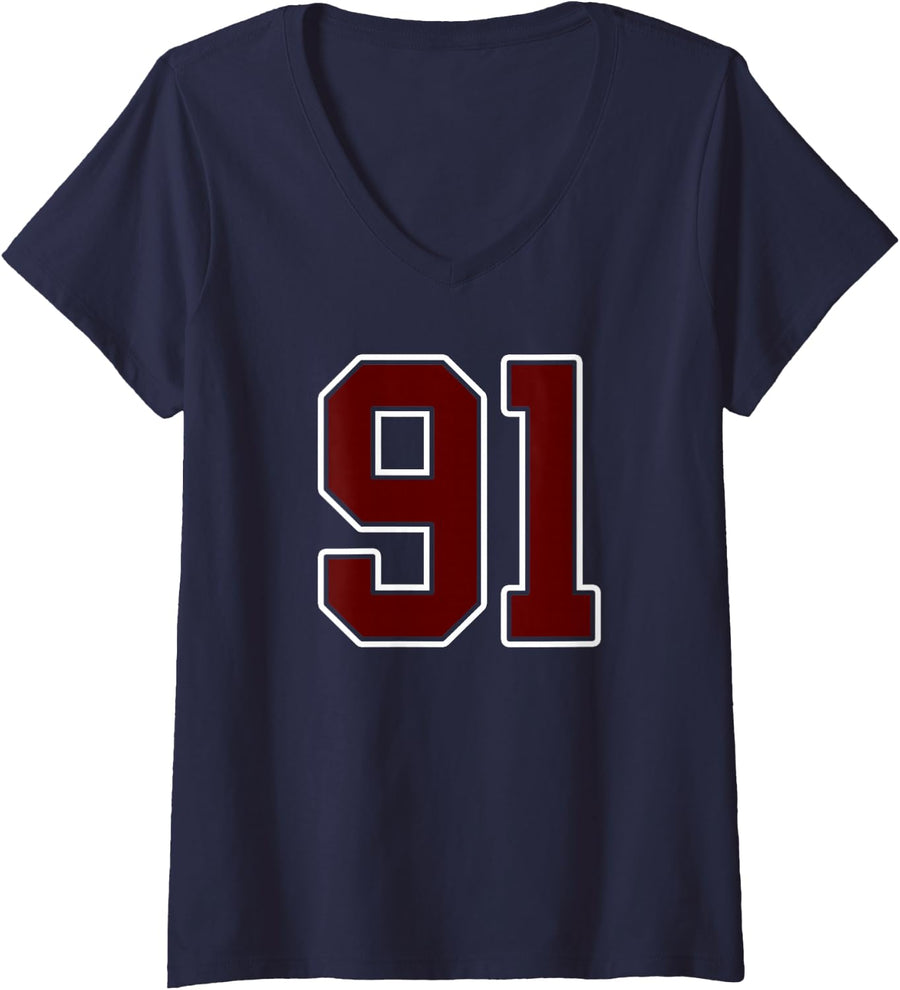 Women's Maroon and White Number 91 Jersey Player Uniform #91 Fan V-Neck T-Shirt - Navy Blue