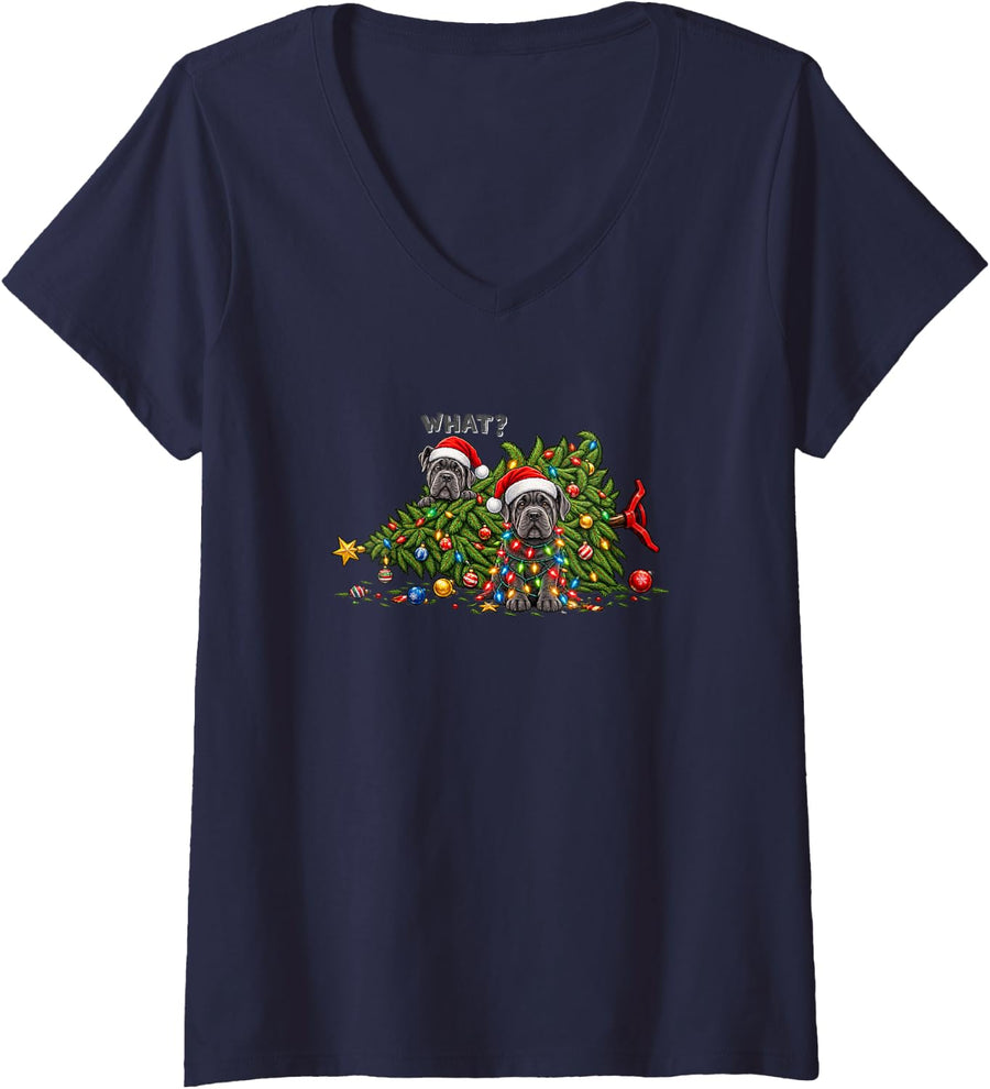 Women's Cane Corso Christmas Tree Lights Santa Hats Funny Holiday V-Neck T-Shirt - Navy Blue