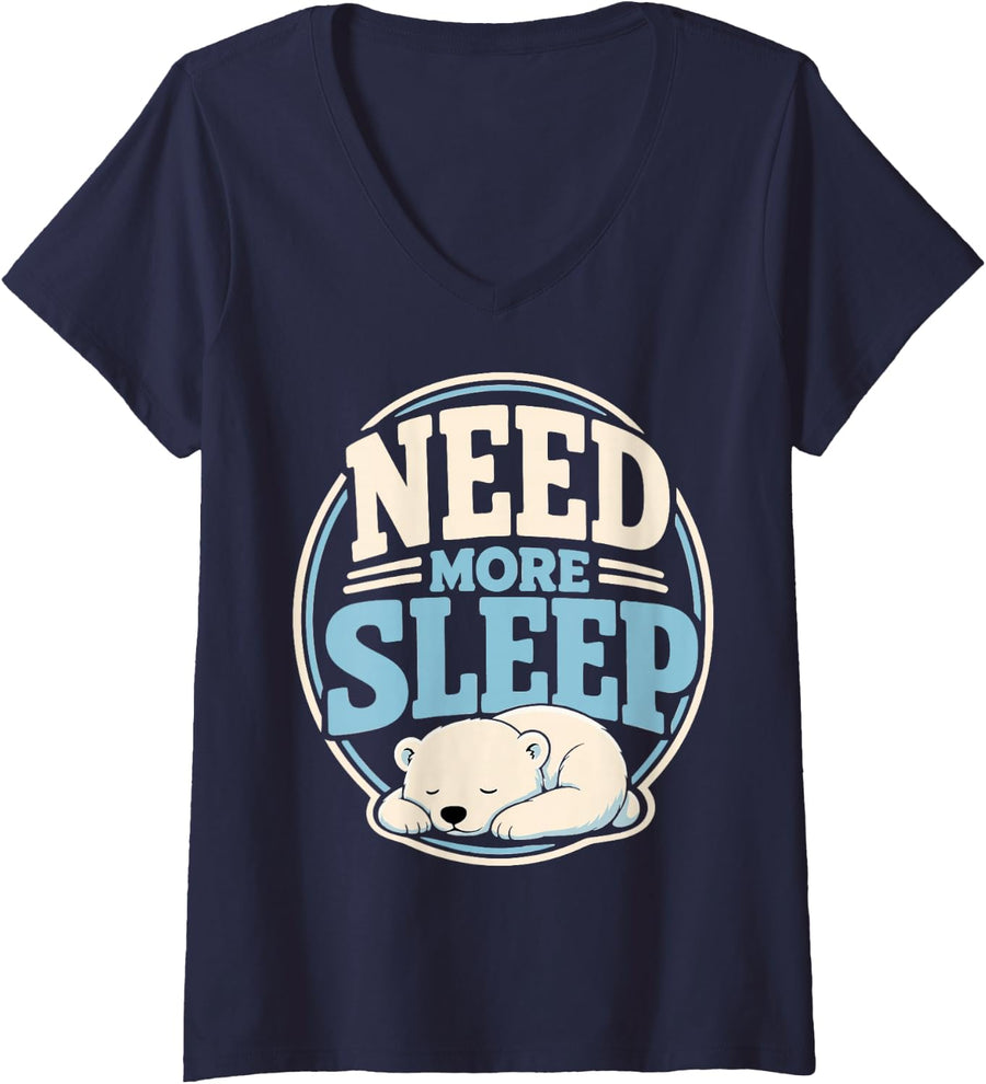 Women's Cute Polar Bear Sleep White Bear V-Neck T-Shirt - Navy Blue