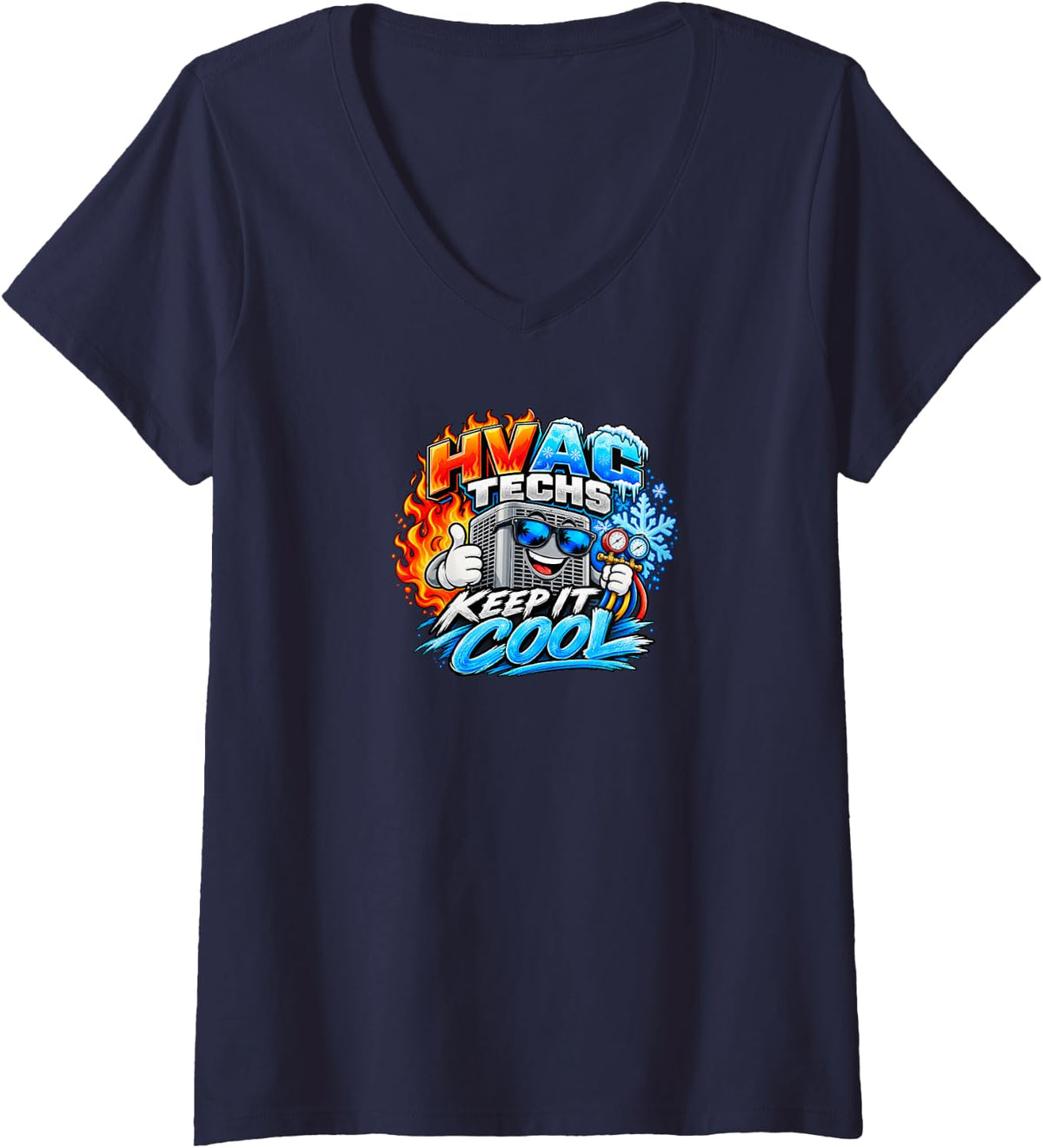 Women's HVAC Techs Keep It Cool Funny Heating and Cooling Technician V-Neck T-Shirt - Navy Blue