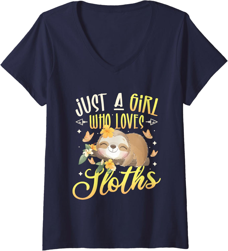 Women's Just A Girl Who Loves Sloths Girls Sloth V-Neck T-Shirt - Navy Blue