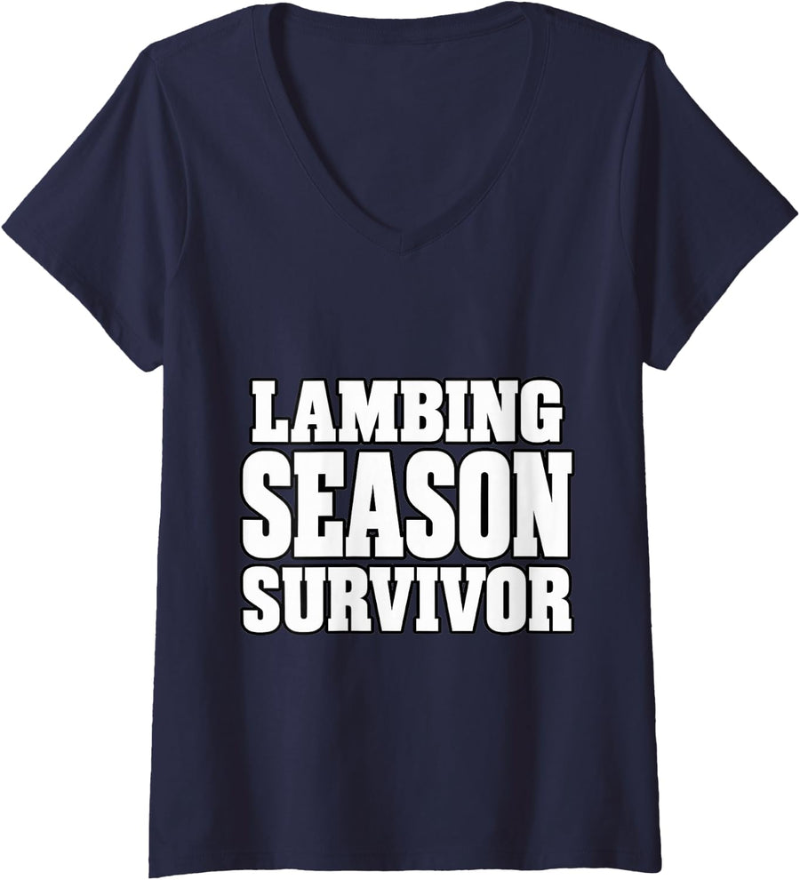 Women's Sheep Farmer Lambing Season Survivor Funny Flock Fiber Life V-Neck T-Shirt - Navy Blue
