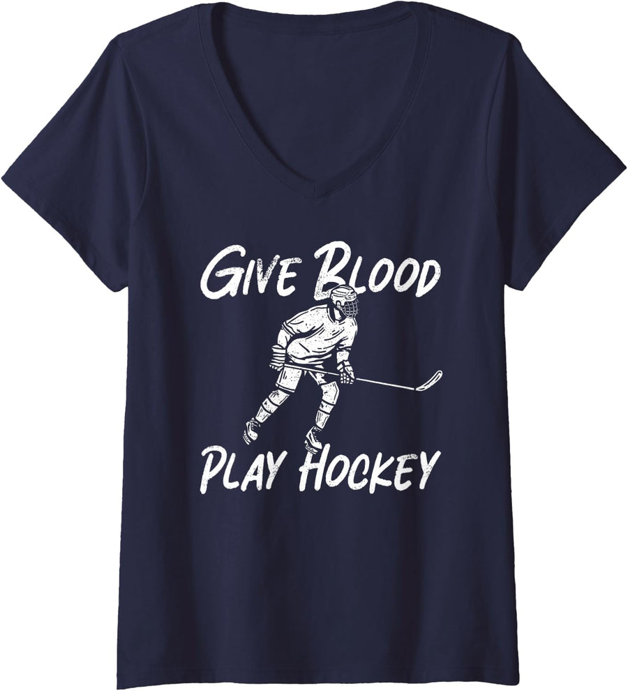 Women's Ice Hockey Vintage Give Blood Play Hockey V-Neck T-Shirt - Navy Blue