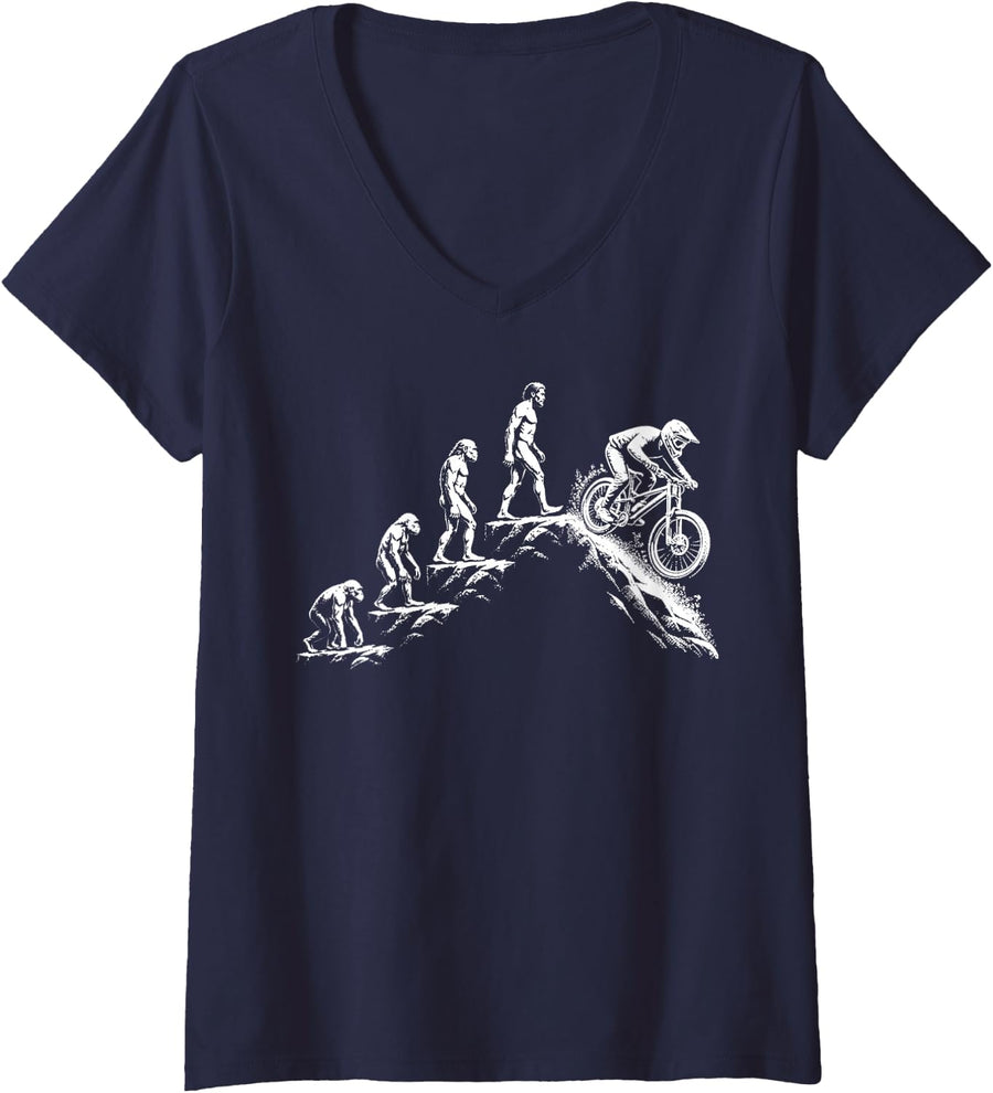 Women's Funny Downhill Mountain Bike MTB Rider V-Neck T-Shirt - Navy Blue