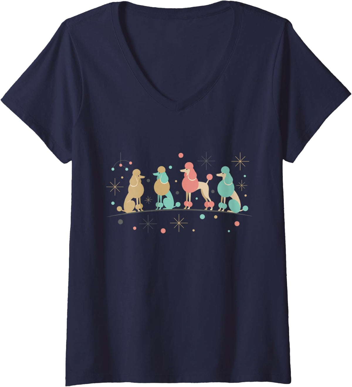 Women's Mid Century Modern Dog Poodle Retro Atomic V-Neck T-Shirt - Navy Blue