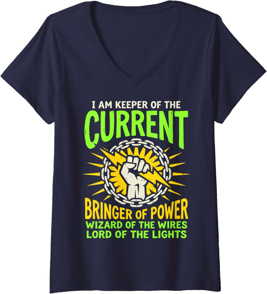 Women's Keeper of The Current Electrician Wizard of The Wires Power V-Neck T-Shirt - Navy Blue