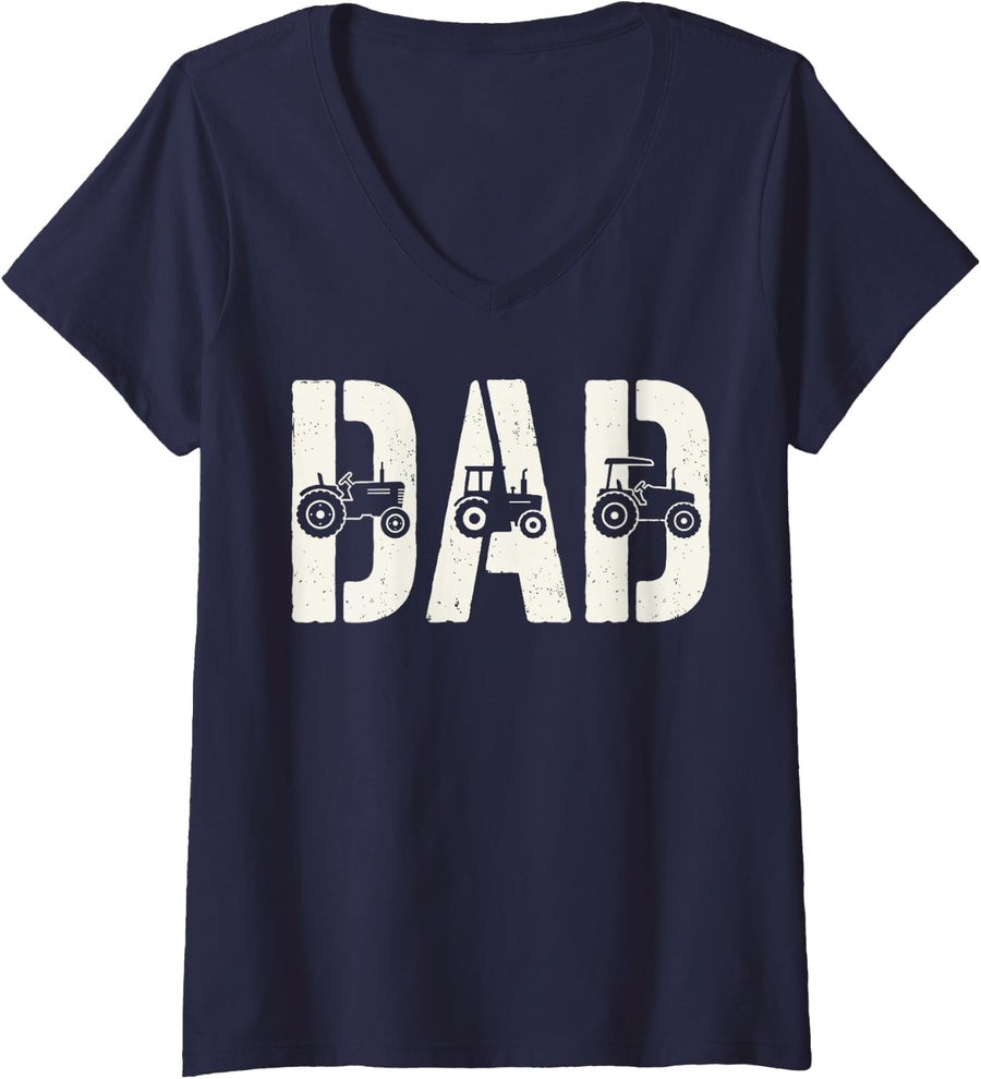 Women's Dad Tractor Farmer Farming Agriculture Father Farm Tee V-Neck T-Shirt - Navy Blue