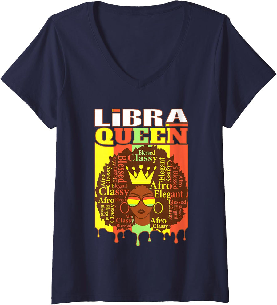 Women's Libra Queen Zodiac Afro Hair Style Blessed Classy Elegant V-Neck T-Shirt - Navy Blue