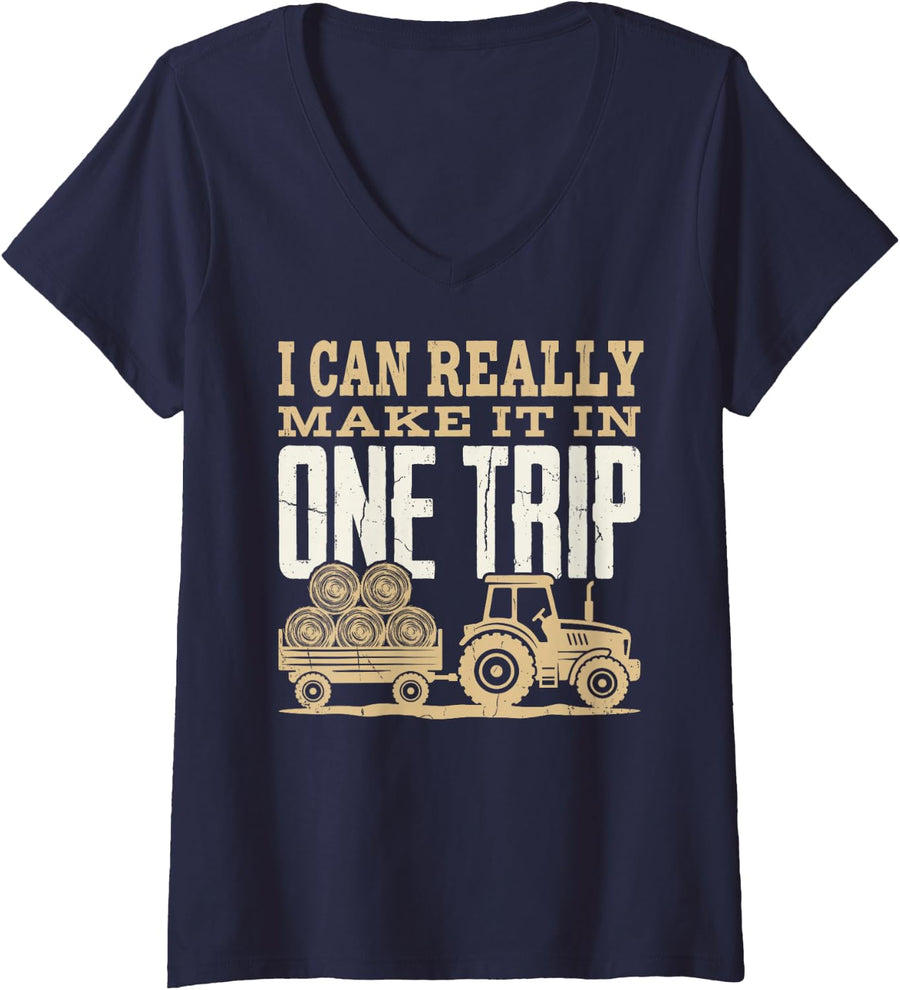 Women's I Can Make It in One Trip Farmer Tractor Hay Bale Harvest V-Neck T-Shirt - Navy Blue