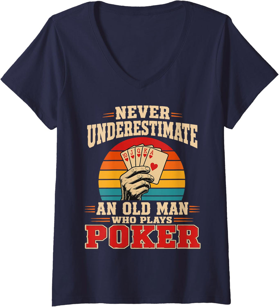 Women's Texas Hold'em Poker Men Casino Card Player V-Neck T-Shirt - Navy Blue