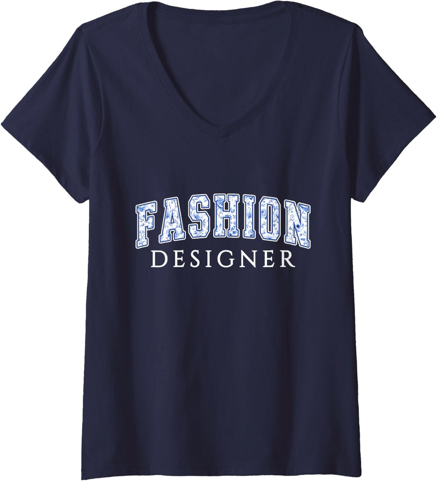 Women's Fashion Designer Blue Floral Varsity Letters Stylist V-Neck T-Shirt - Navy Blue
