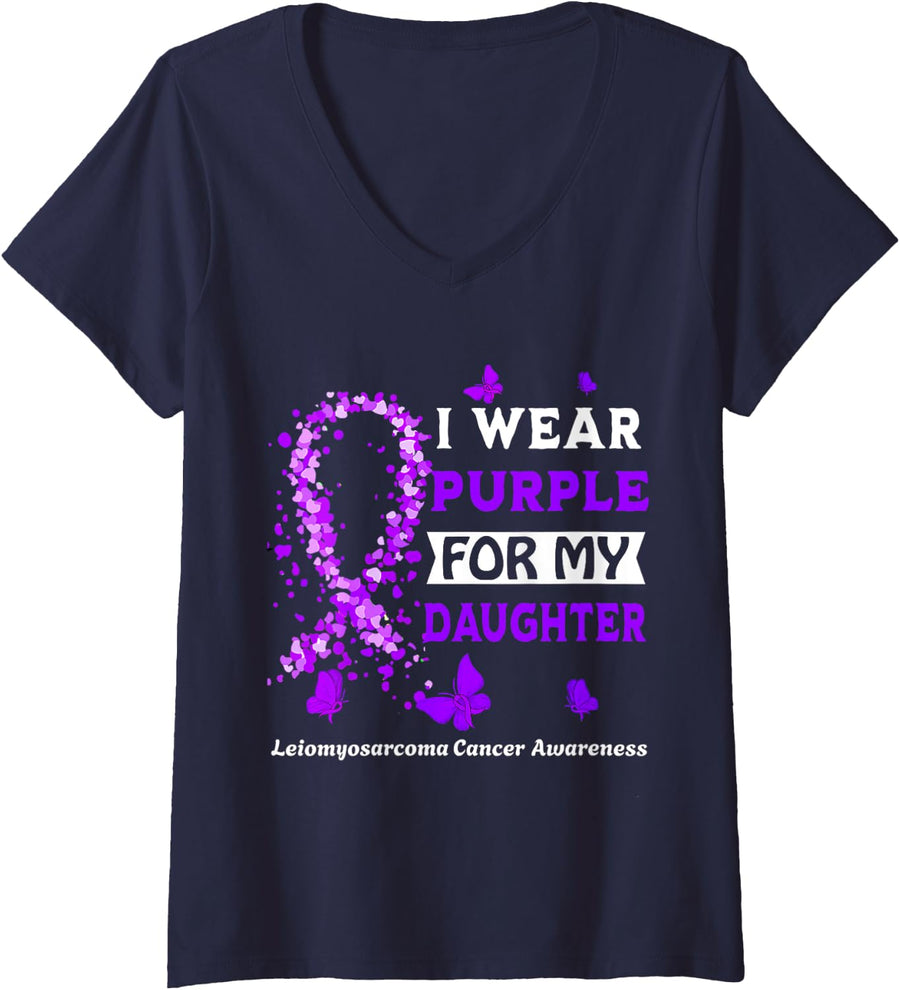 Womens I wear Purple for my Daughter Leiomyosarcoma Awareness V-Neck T-Shirt - Navy Blue