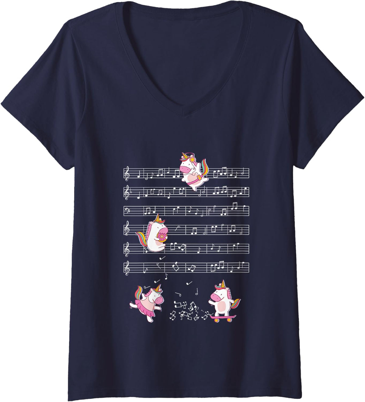 Women's Cute Unicorns Playing Music Note Clef Musician Art V-Neck T-Shirt - Navy Blue