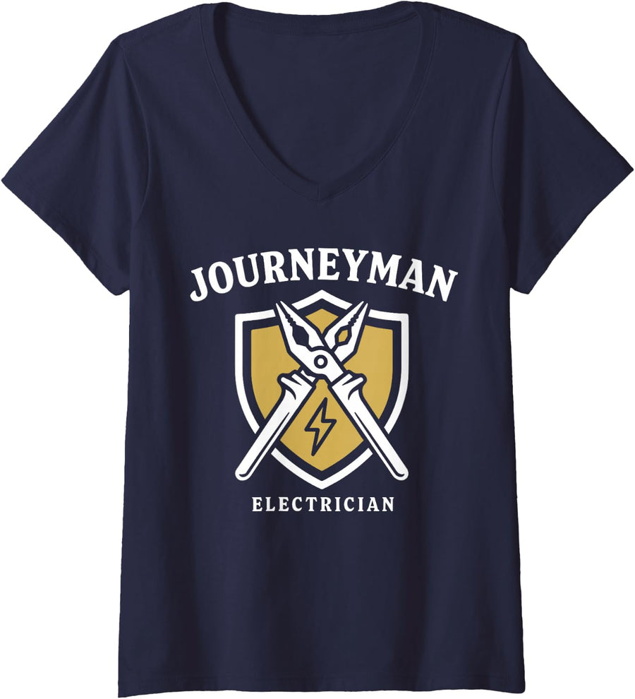Women's Journeyman Electrician Electrical Tradesman Skilled Worker V-Neck T-Shirt - Navy Blue